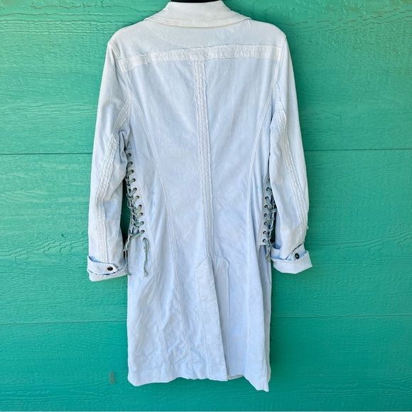 VINTAGE ILLIA BLUE CORDUROY LACE UP SNAP FRONT FRAYED LONG MIDI JACKET SZ SMALL - Picture 7 of 8